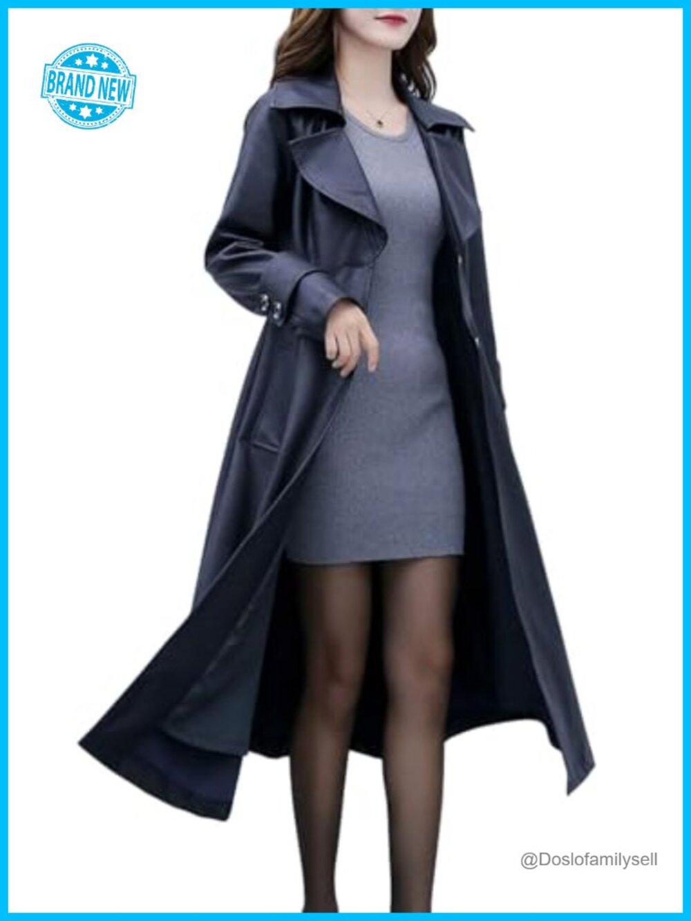 ebossy Women's Elegant Lapel Collar 2 Button Fit-Flare Pu Leather Long Trench